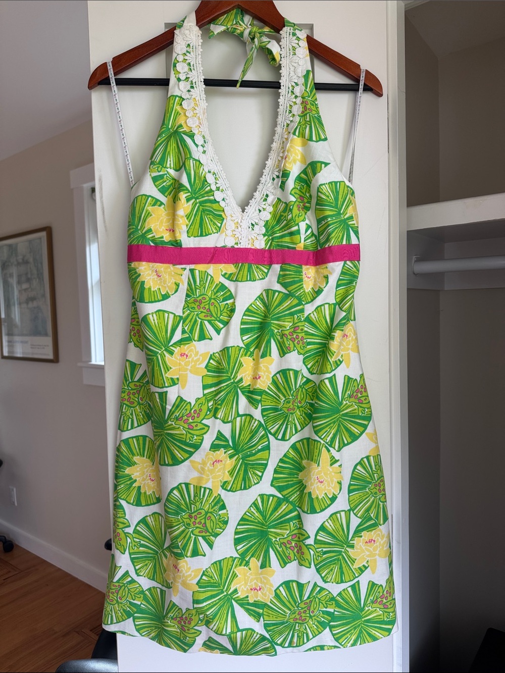 Lilly Pulitzer Green, Yellow & Pink Halter Floral Midi Dress with Lace Trim